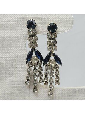 Vtg Rhinestone & Blue Crystal Dangle Clip-On Earrings Elegant Formal Statement